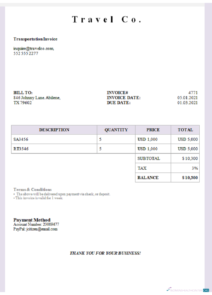 Download USA Travel Co. invoice Photoshop template